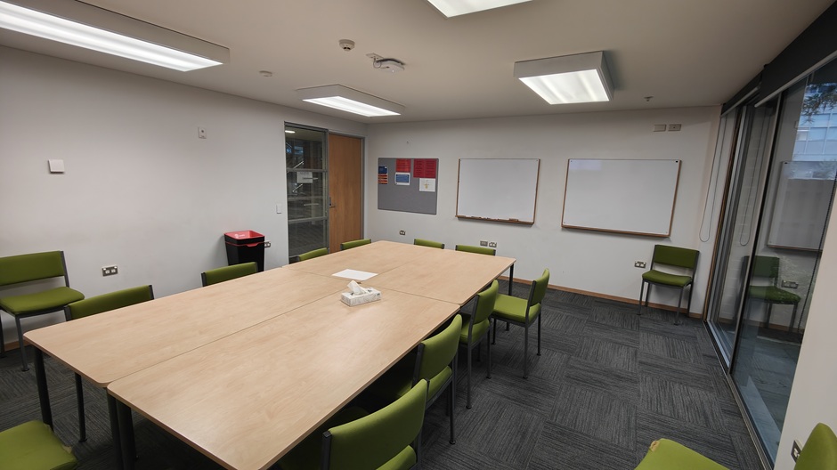 Setup of Hunter Centre rooms HUG102-3-5-6-8-9-11 showing chairs around a table