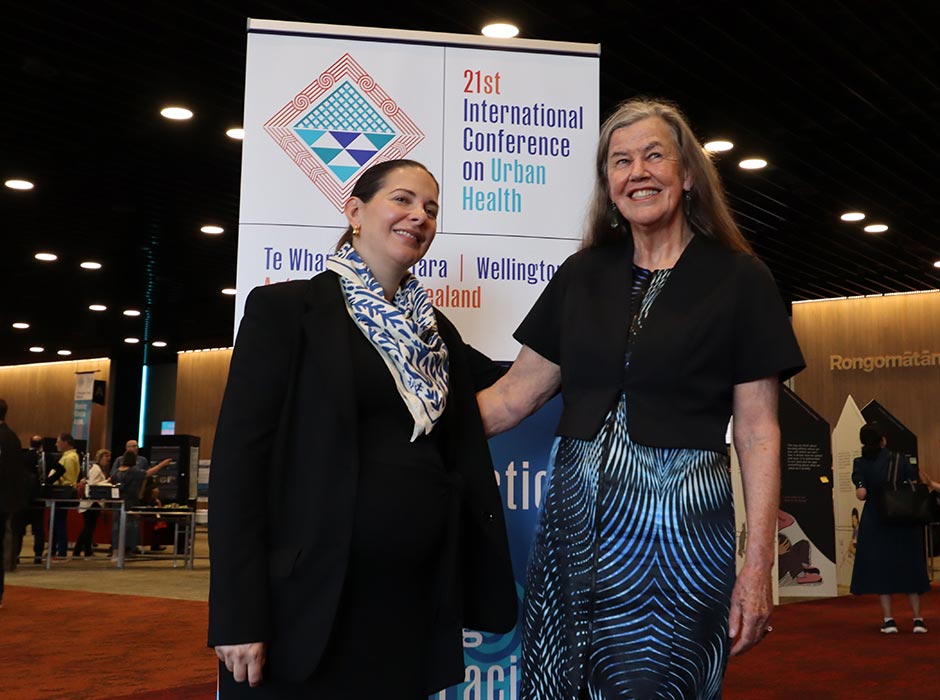 International Society for Urban Health (ISUH) Executive Director Giselle Sebag, left, with Distinguished Professor Philippa Howden-Chapman from the Faculty of Medicine – Wellington at the International Conference on Urban Health in November.  