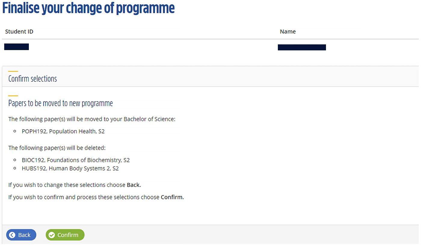 Finalise your change of programme screen in eVision, confirm selections prompt that shows 'papers to be moved to new programme', with confirm button below.