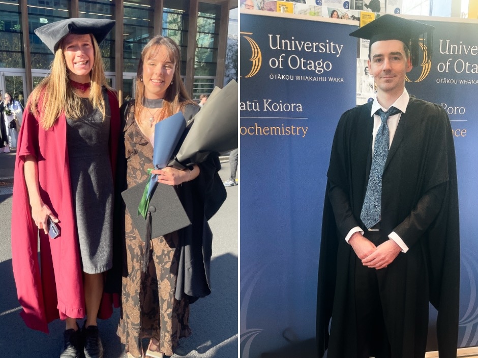 A composite of two photos: one of two women wearing academic regalia standing outside a building in the sun, and another of a man also wearing academic regalia standing in front of blue University of Otago banners.