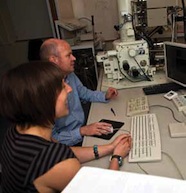 Liz Girvan and Andrew Tawse Smith in the scanning electron microscopy suite