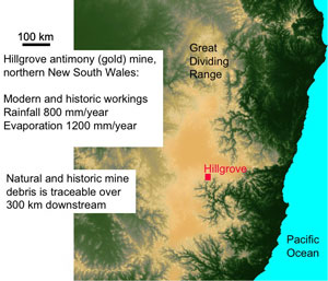 Aerial view of the location of Hillgrove mine in NE New South Wales. The mine is above the steep gorges of the Great Dividing Range, in the Macleay River catchment.