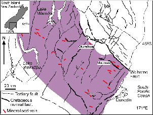 Gold bearing Veins in the Otago Schist. The Otago schist covers a roughly 150-200km band with its center on Dunedin and extending in a NW-SE direction inland. Gold veins are indicated as 5-10km features with a NW-SE trend.