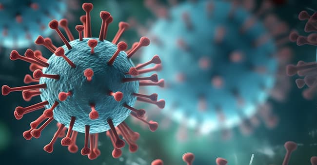 COVID-19 virus depicted as a blue ball covered in red spines stock image