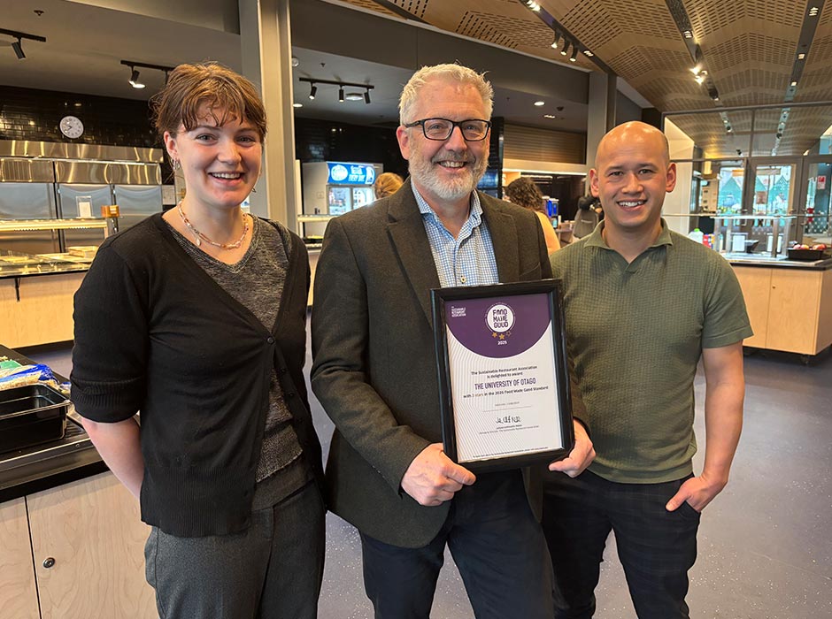 Holding the University's new Food Made Good certification are from left, Bachelor of Science tauira Ella Court, Otago's Head of Sustainability Dr Ray O'Brien and Food Service Manager Dylan Henry. The trio all played a part in the process of applying for the certification.