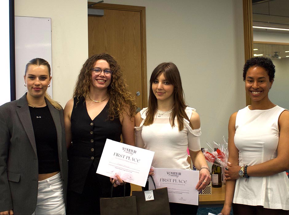 Vice-President WIB and Women in Consulting competition judge Amanda Shallard, left, with the winning team ‘Consuladies’, made up of Isabella Miscisco, Nora Paicu and Danielle Jones.
