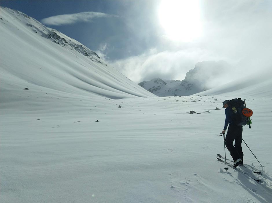 Associate Investigator Aubrey Miller is pictured from behind ski touring up a snowy mountain.
