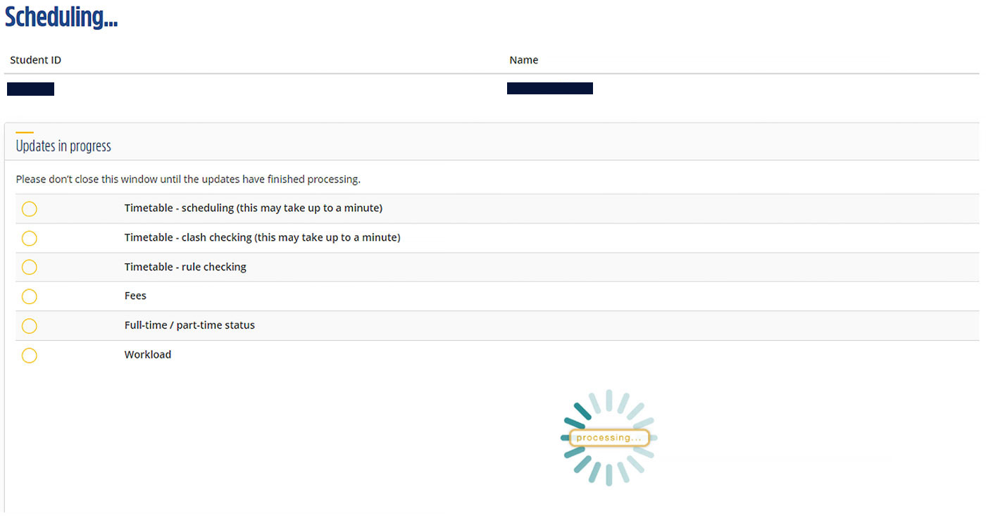 The progress screen in eVision, showing which updates are currently being made above a 'spinning wheel'. The text states: Please don't close this window until the updates have finished processing.