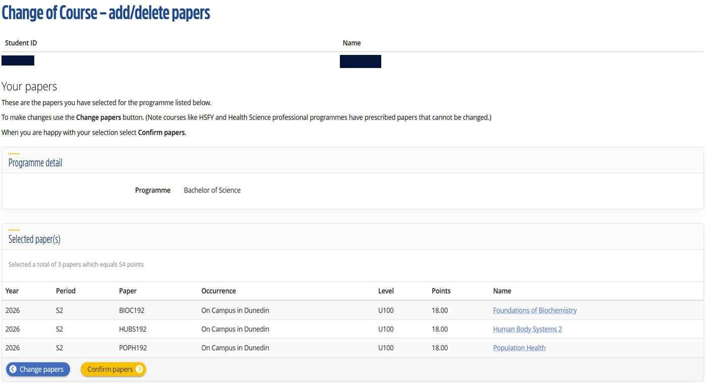 Cahnge of course - add/delete papers screen in eVision. Two options, 'Change papers' blue button and 'Confirm papers' yellow button.