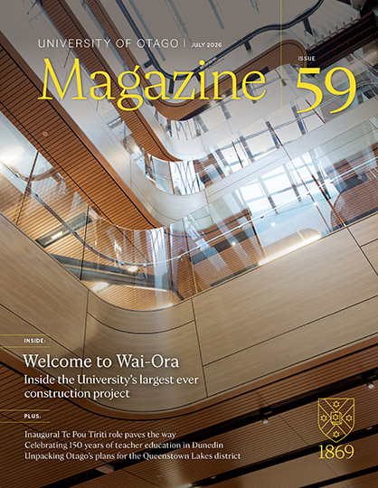 Cover of Otago Magazine issue 59, view looking up inside a building atrium and cover story Welcome to the Wai-Ora: Inside the University's largest construction project