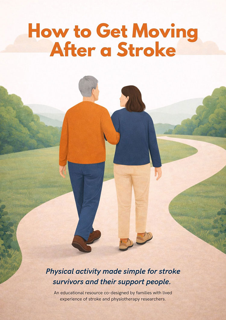 Illustration of elderly man being led by younger woman, arm in arm, down a winding path into the distance. Text reads: How to get moving after a stroke.