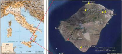SLP outcrops scattered on Stromboli island; in red the type locality.