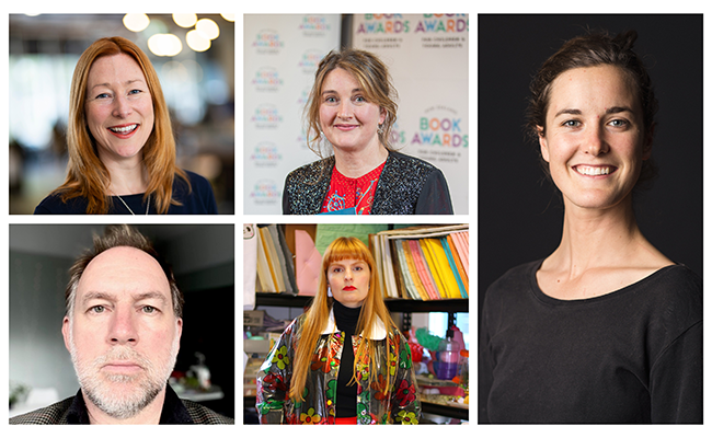photo collage of the University of Otago 2023 Arts Fellows (clockwise from top left) Kathryn van Beek, Ruth Paul, Daisy Sanders, Emily Hartley-Skudder and Sean Donnelly.