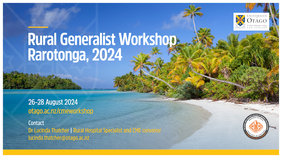 Workshop poster with view of a beach in Rarotonga