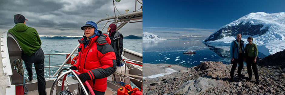 Left: Sailing in Aleutian Islands 2019. Right: Antarctica 2007 - Justin and Nicola.