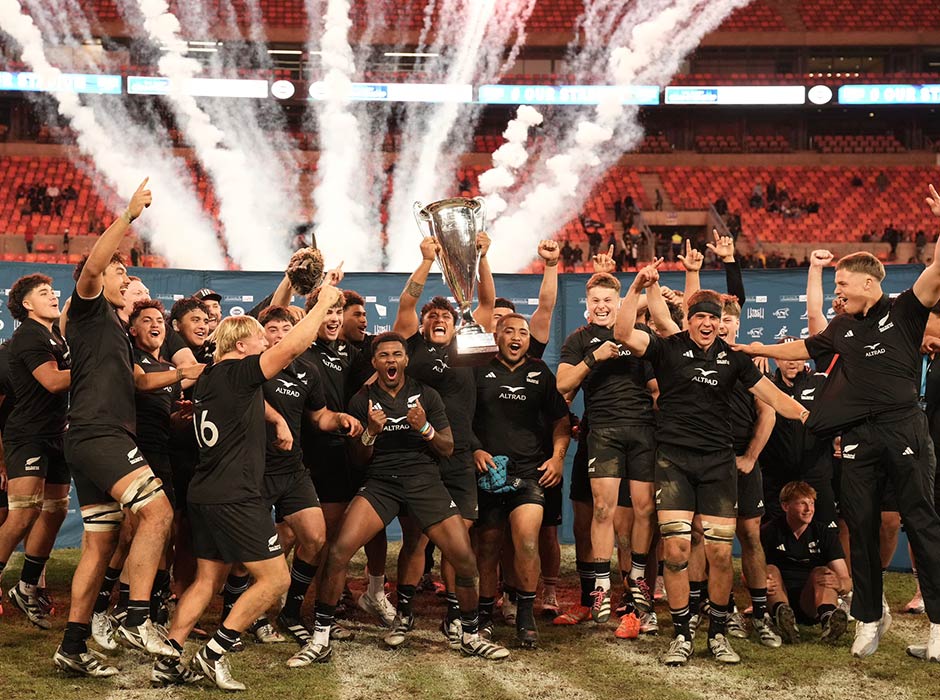 A rugby team celebrating 