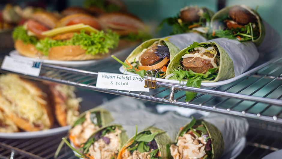 Rolls and wraps for sale in the Café Albany cabinet