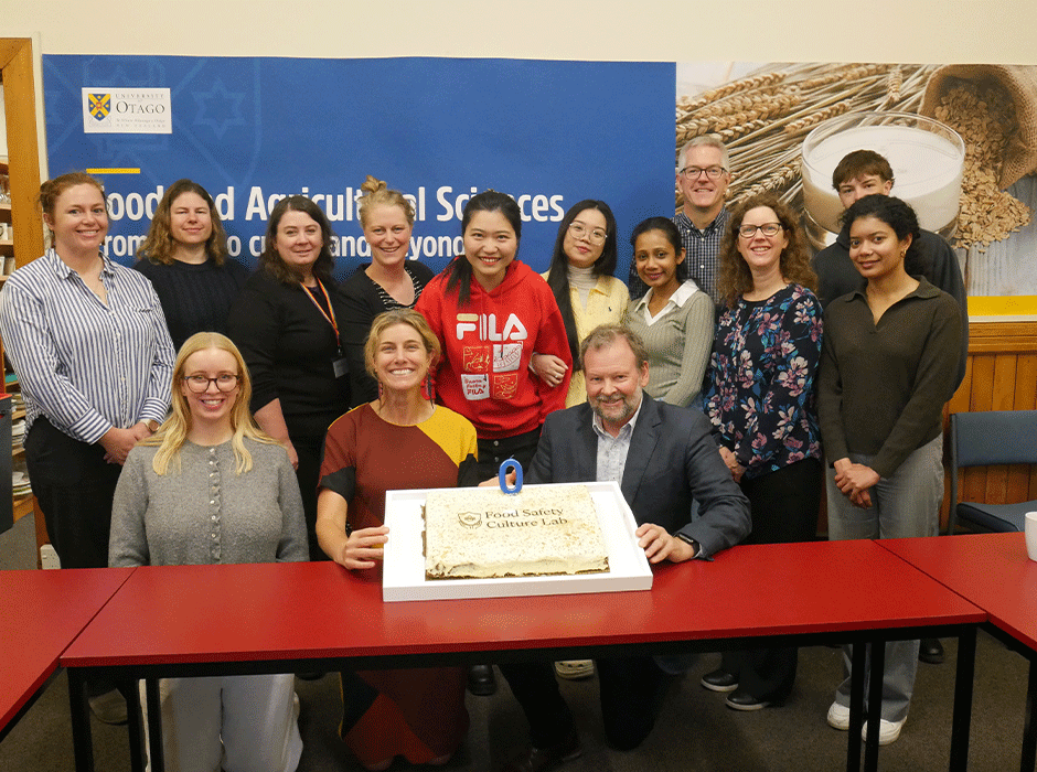 Food Safety Culture Lab co-leads Professors Miranda Mirosa (front centre) and Phil Bremer (front right) celebrate the launch of the Lab with their team. Photo: University of Otago
