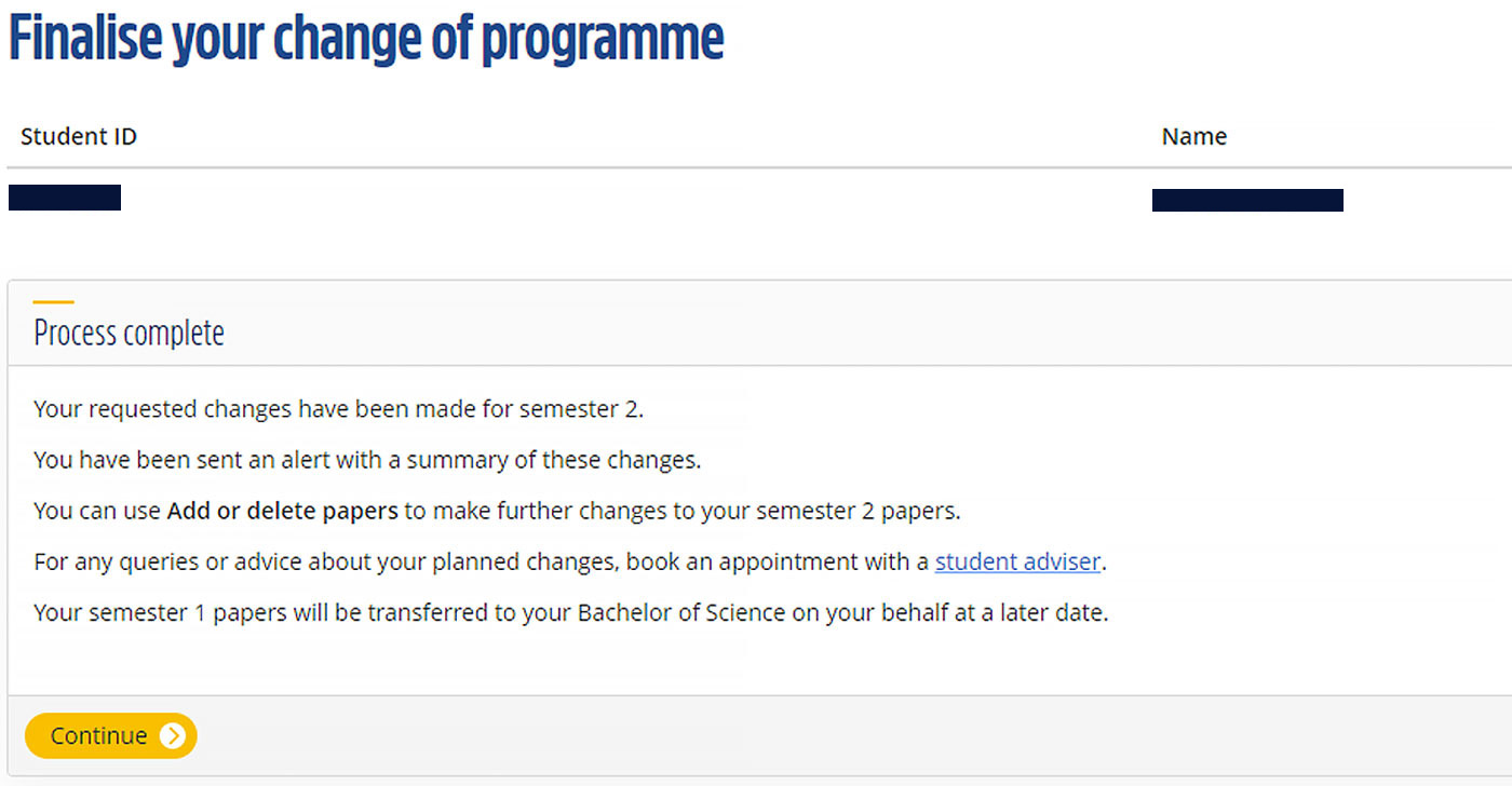 Finalise your change of programme screen in eVision, showing Process complete and listing changes, above Continue button.