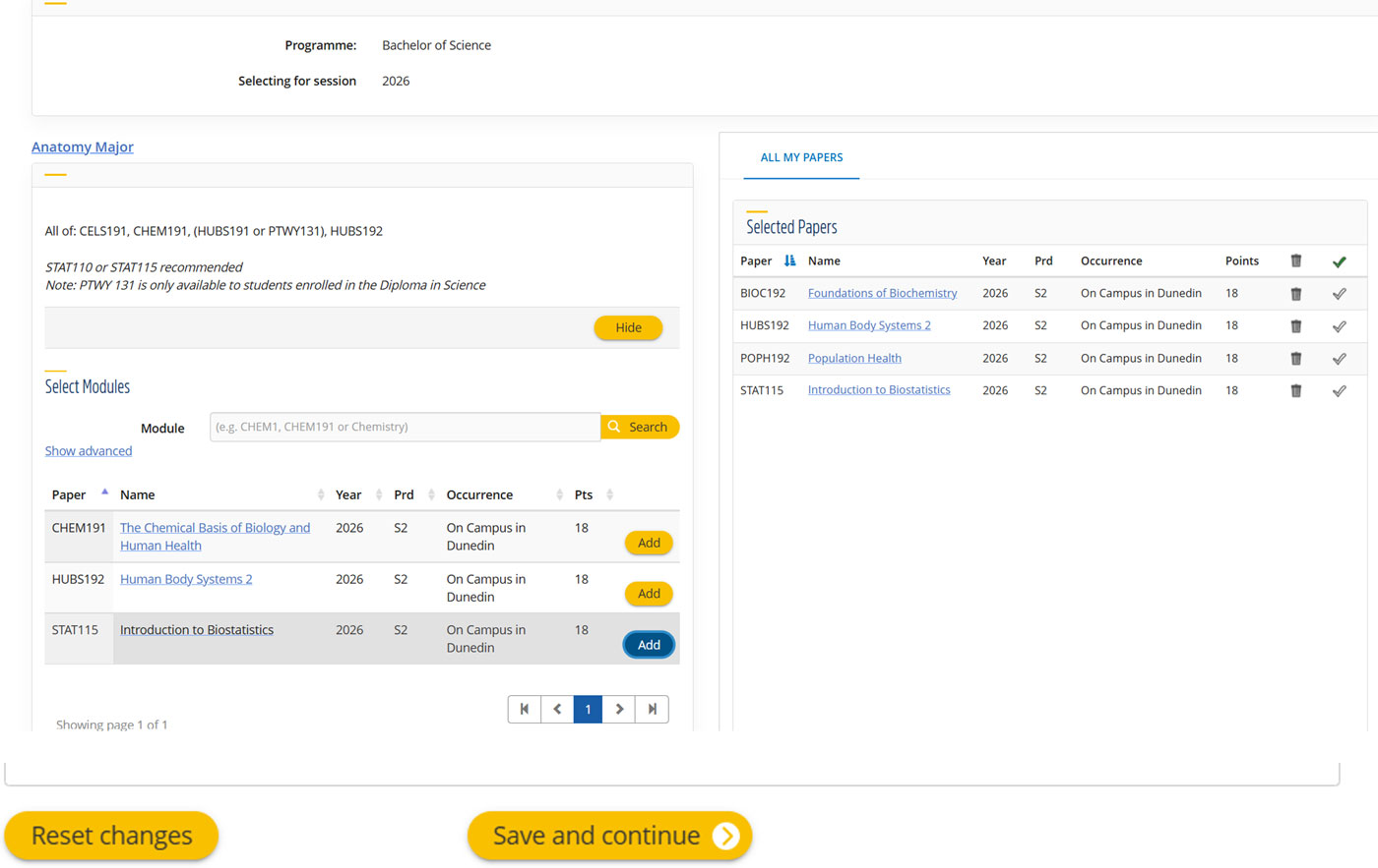 Change papers screen in evision, with papers search bar. Results have an 'Add' button. Two options at buttom of screen, 'Reset changes' and 'Save and continue' yellow buttons. 