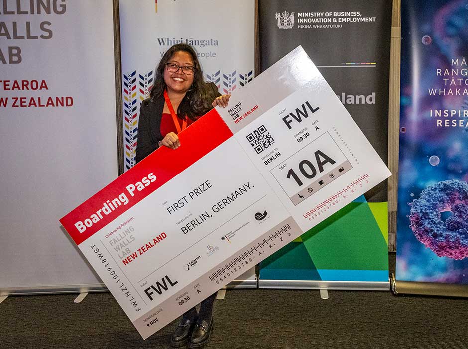 A woman holding a large oversized air plane ticket