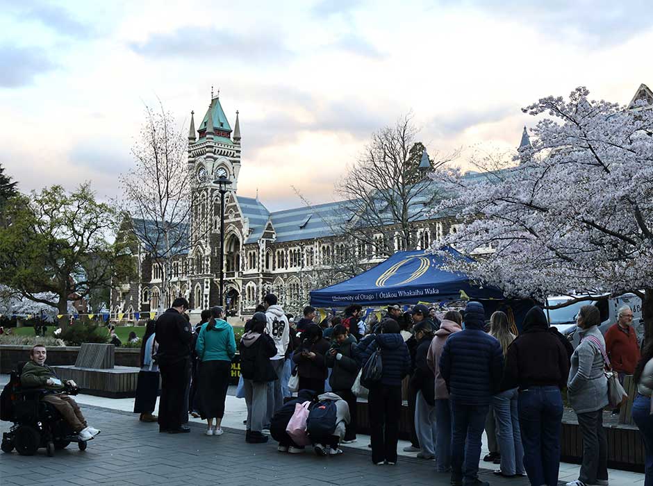 a market taking place in front of the clocktower with stalls and people milling around, blossom on the trees