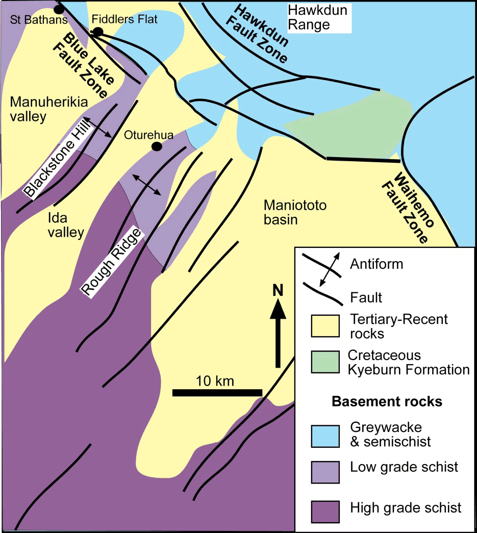 Otago North East regional geology. From south west to northeast the transitions are high-grade schist to low grade schist to greywacke and semischist. Faults trend in north-east/southwest and northwest/southeast directions.