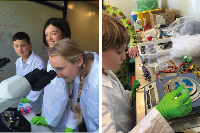 Two photos of primary school children using microscopes and pipettes.