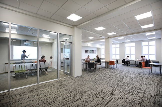 Wide-angle view of a seminar room and social spaces at the Health Sciences Southland Study Hub