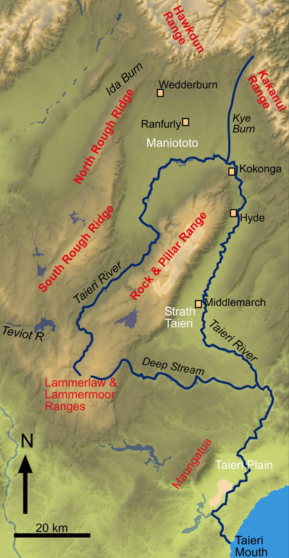 Topographic map of the Taieri River catchment in east Otago. The Otago Central Rail Trail starts at Middlemarch in the Strath Taieri basin. 