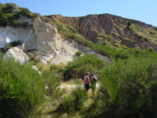 Steeply dipping gold-bearing Hogburn Formation quartz gravels (white, left) faulted against middle Cretaceous Kyeburn Formation (brown, background), Kyeburn valley 226px
