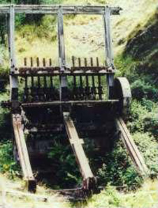 A 10-stamp battery (5 metres high) in the Shotover valley. These large and very heavy machines were carried in to rugged and remote locations and driven by water power. Each of the 10 vertical rods (centre) has a heavy foot which is moved up and down as the wheels turn. Quartz was fed under the rising and falling feet and was crushed