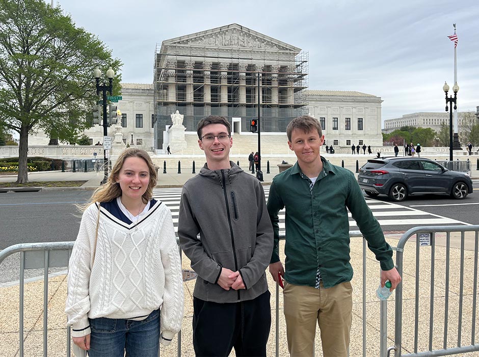 Representing Otago at the Jessup international moot court in Washington DC are researcher Annabel Rhodes and oralists Samuel Blackwood and Oliver Thorns. 