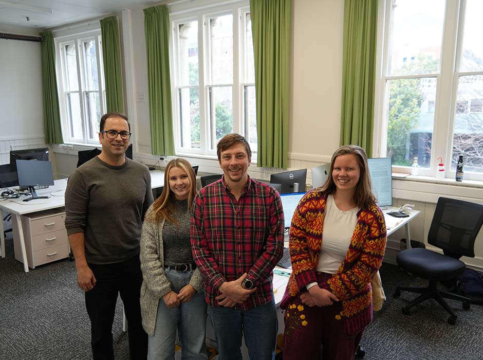 Marine Science PhD candidates, from left, Vahid Sepahvand, Eleanor Kelly, Ian Dixon-Anderson and Elli Leinikki are settling into their new office in the Geology Building.