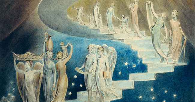 A painting on people on a staircase 