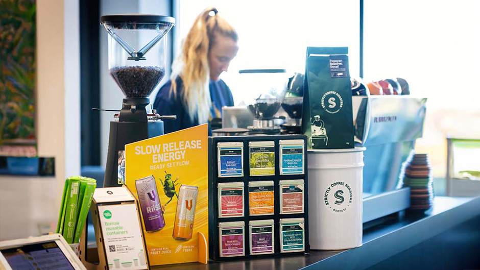 A selection of teas, cold drinks and coffee available at Te Matiti cafe