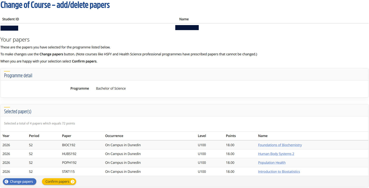 Change of course screen in eVision, now displaying newly selected papers. Two options are: 'Change papers' and 'Confirm papers'. 