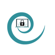 Safe data. A koru shape with a computer screen and padlock inside.