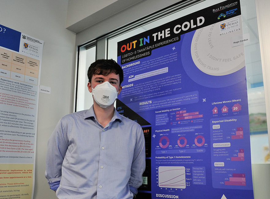 Summer students 2023 Hugo Cordue standing in front of his poster image