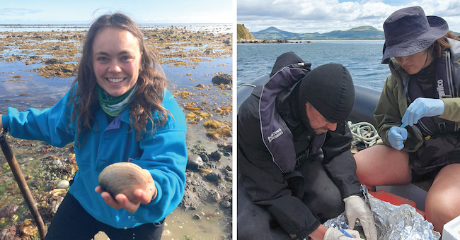 In the left image, a young woman stands in a landscape of tidal pools, holding a large sea mollusk. In the right image, two people in a small boat take samples from a paua for testing.