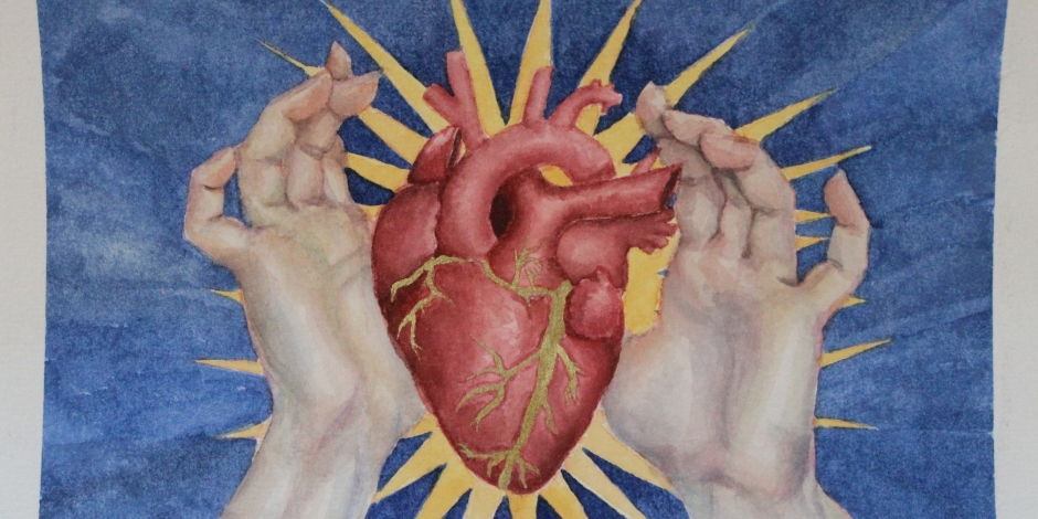 Human heart with hands grappling for it painting.