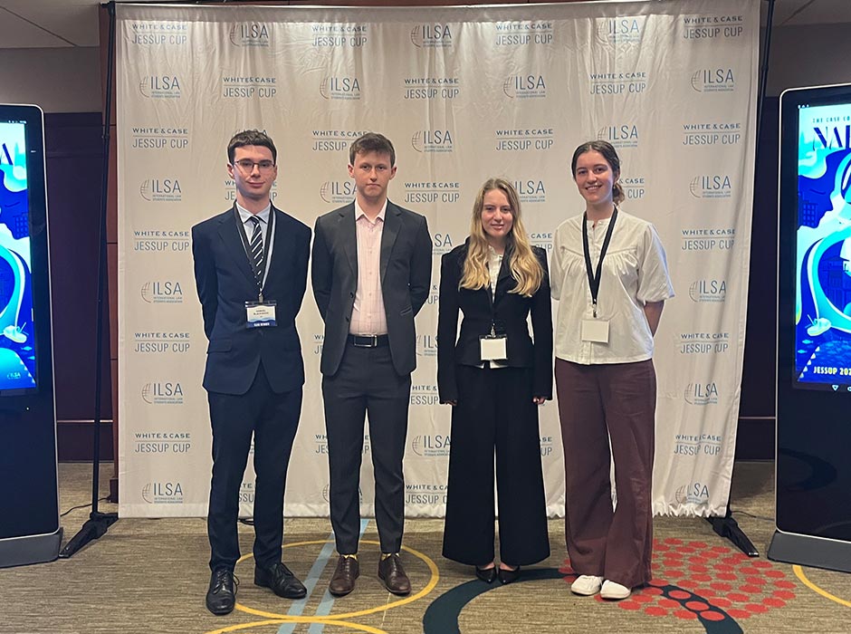 Samuel Blackwood, Oliver Thorn and Annabel Rhodes with their travelling coach Rebecca Bridgman before attending the Jessup’s opening ceremony. 