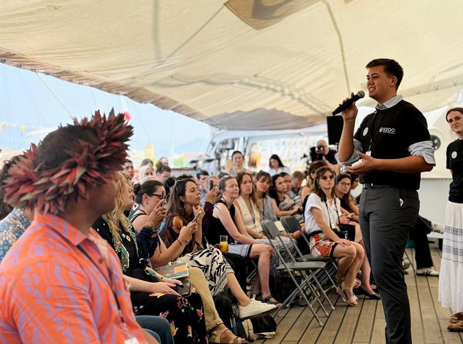 First-year tauira Noah McBirney-Warnes talks during a session at the 2025 United Nations Ocean Conference in Nice, France, in his role as youth delegate for Heirs To Our Ocean (H2OO).