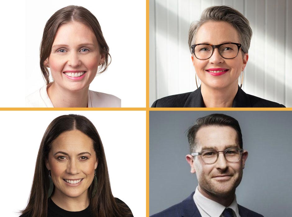 Otago Law alumni and staff who have recently been awarded Borrin Foundation fellowships and awards, clockwise from top left: Associate Professor Anna High, Genevieve Hancock, Mitchell McClenaghan and Natalie Coates (Ngāti Awa, Ngāti Hine, Ngāti Tūwharetoa, Tūhourangi, Tūhoe, Te Whānau a Apanui). 