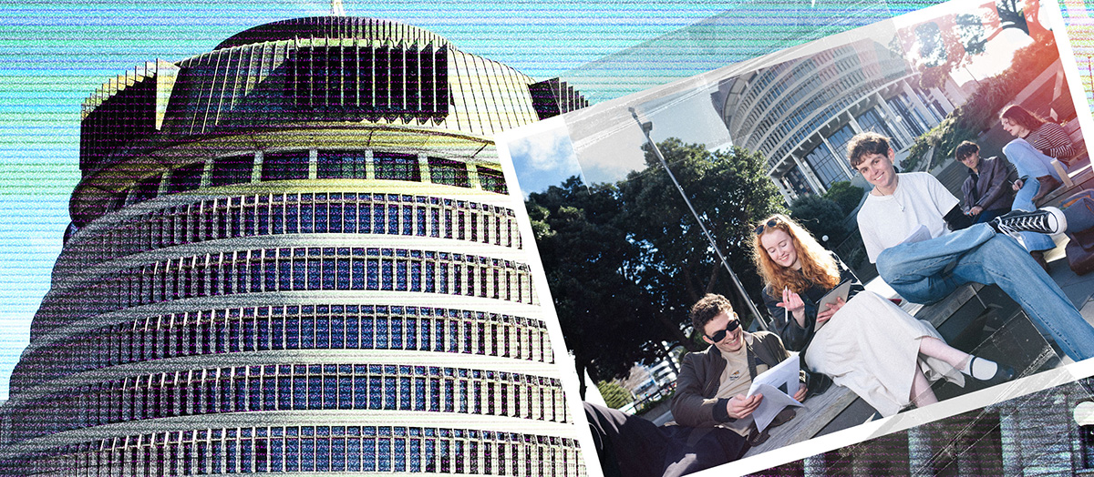 The Beehive building in Wellington, with inset image of smiling students with study materials.