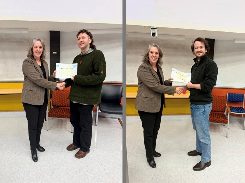 a collage of two shots of people receiving awards