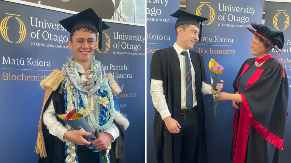 A composite picture of three people dressed in academic regalia standing  in front of blue University of Otago banners; on the left a graduate stands holding a wrapped flower bouquet and wearing multiple polynesian lei; the second photo shows another graduate receiving a flower from another person in academic dress.