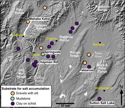 Topographic image of Central Otago, showing some of the principal localities for remnants of saline substrates