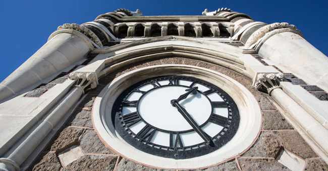 Close up of Clocktower clock angled from below.