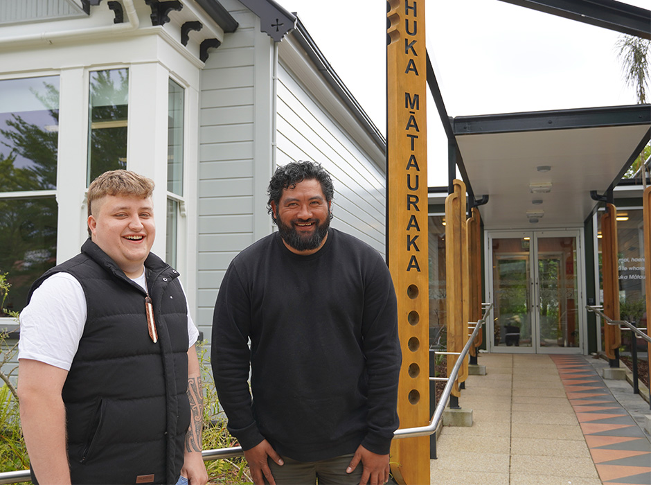 Jeremy Wara and Matthew Harrington outside the Māori centre.